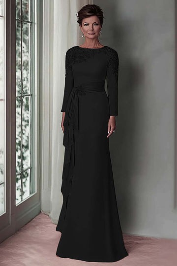 Black Sheath Satin Long Mother Of The Bride Dress with Sleeves